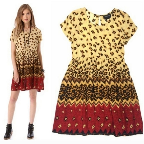 MinkPink Wild Things Mini Leopard Cheetah Boho Babydoll Dress Sz L - Picture 2 of 12